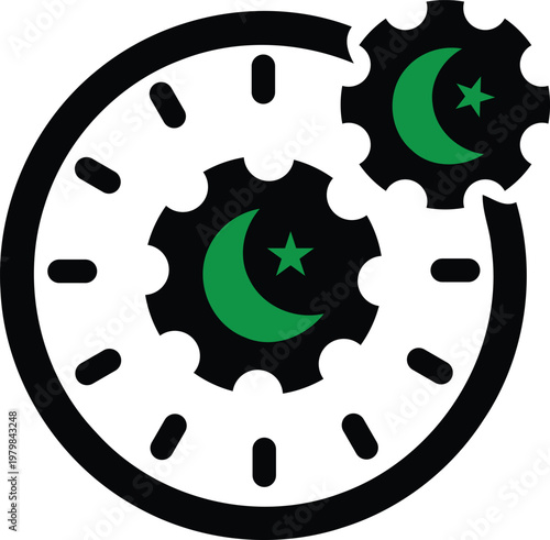 Gear with crescent moon and star symbol in black and green on white background  cogwheel with Pakistani flag design element