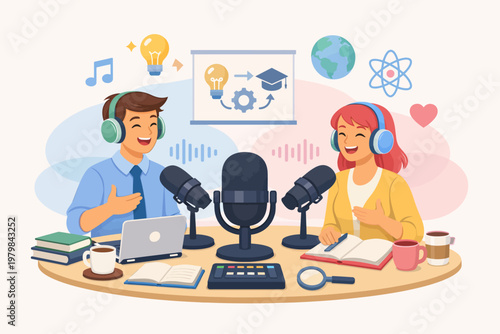 Podcast Recording Session Two Hosts Engaging in Conversation with Microphones, Laptop, and Soundboard for Broadcast