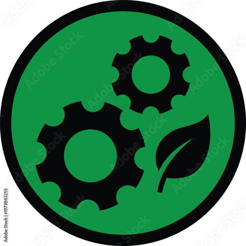 Green circle icon with black gears and leaf  eco friendly technology concept