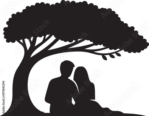 Couple silhouetted under a large tree during a serene moment