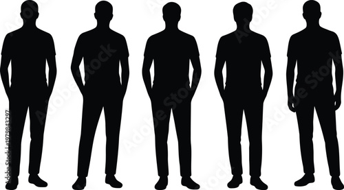 Five full body black silhouettes of adult men standing casually with hands in pockets against a white background