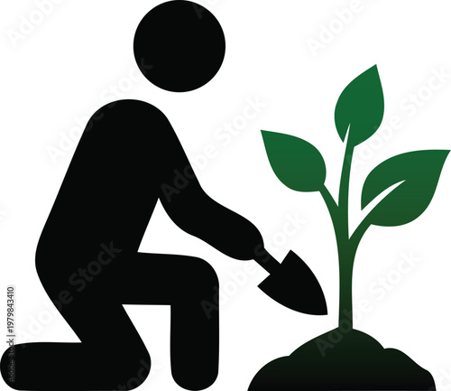 Person kneeling and planting a green leafy sapling with a shovel on white background