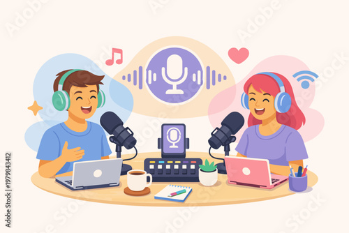 Cheerful hosts recording a successful business podcast, sharing valuable insights and engaging with a global audience in a vibrant online broadcast studio setup