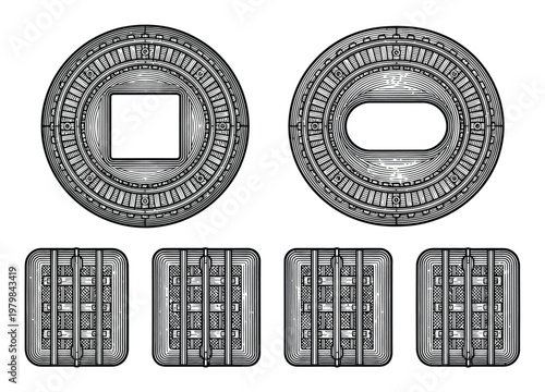 Detailed Architectural of Circular and Oval Grates and Square Frames