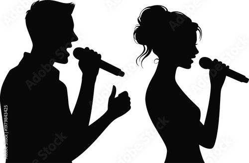 Silhouette of a man and woman singing together with microphones in a dynamic performance pose