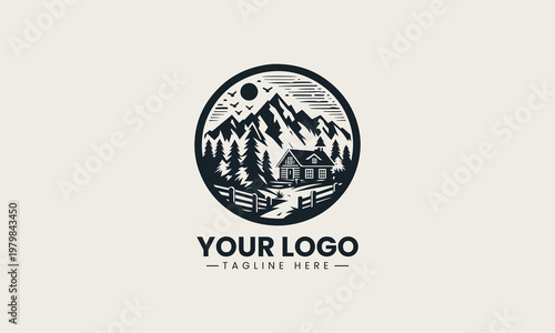 Rustic mountain cabin landscape vector logo is designed with pine trees and wooden fence for outdoor adventure branding