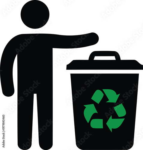 Person throwing away recyclable materials in recycling bin with green recycling symbol on transparent background
