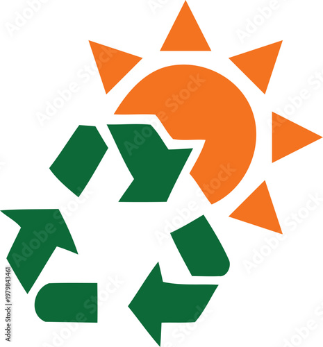 Recycling symbol and sun logo  eco friendly icon  green arrows and orange sun  environmental conservation sign