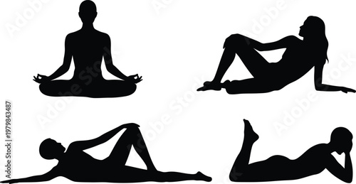 Collection of Four Silhouette Figures in Diverse Yoga Poses for Wellness and Mindfulness Practices