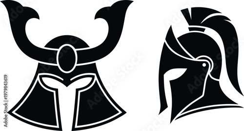 Two stylized black warrior helmets representing ancient combatant gear and historical warfare head protection isolated on transparent background