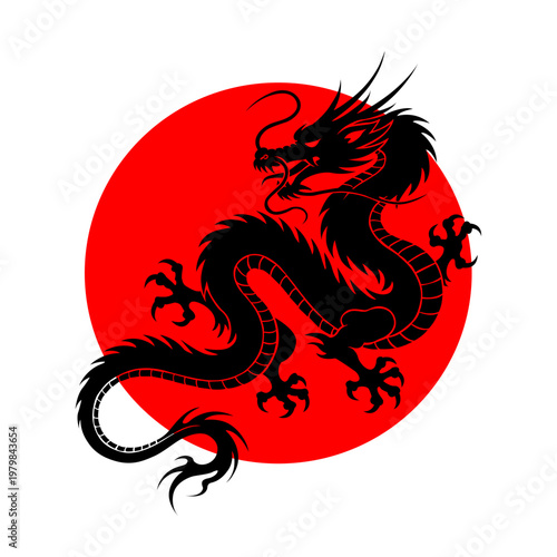 Oriental Dragon Silhouette with Red Circle Background Vector Illustration