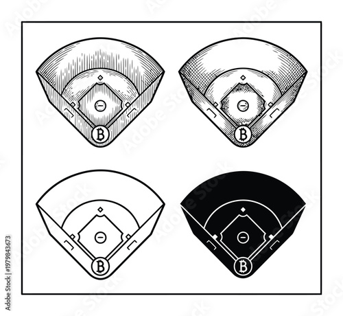 Four Stylized Baseball Field with 'B