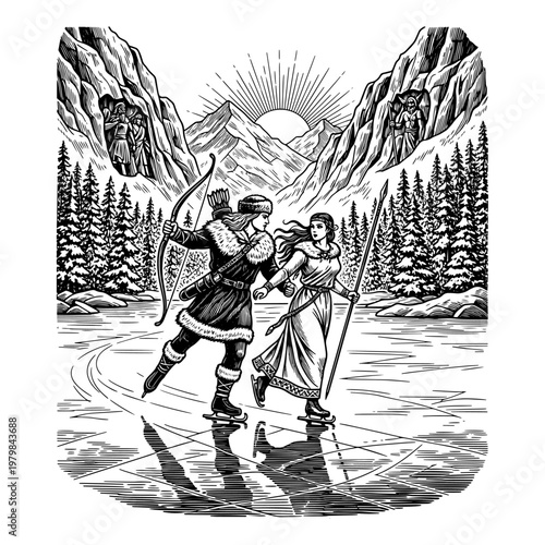 vintage warrior and maiden crossing mountain river in epic sunlight illustration