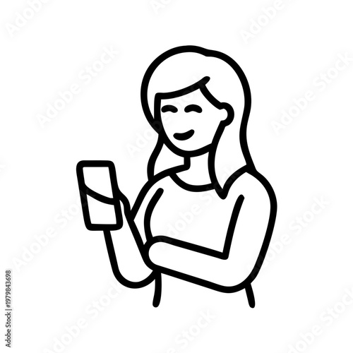 Woman using a smartphone, line art icon