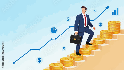 Businessman climbing stairs with coins