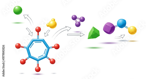 Molecular structure transformation and chemical reaction process illustration.