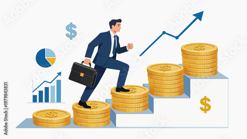 Businessman climbing steps of gold coins