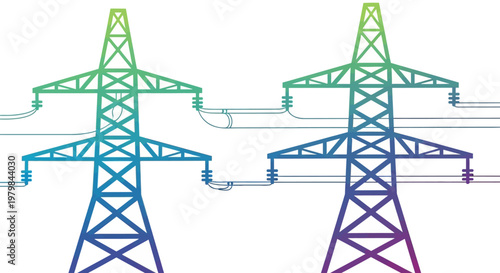 Two colorful electric power transmission towers against a white background.