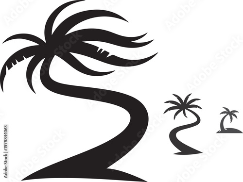Curving palm trees silhouette against white background in varying sizes