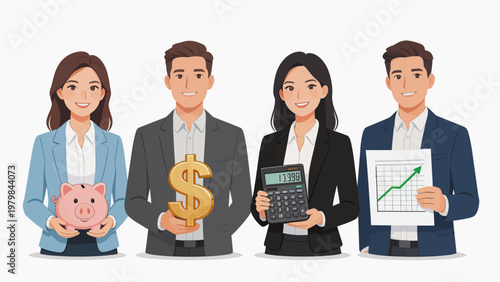 Business professionals with financial symbols