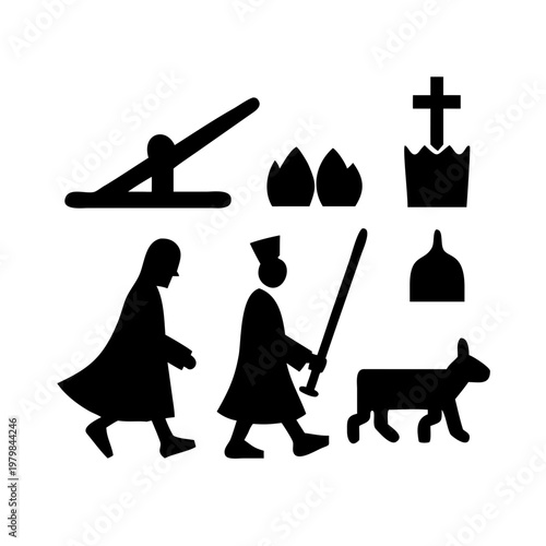 Set of silhouettes of medieval people and objects