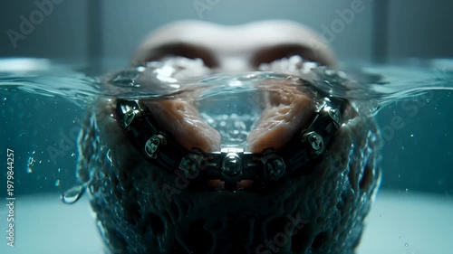 Close-Up of a Person's Mouth With Braces Submerged in Water, Bubbles Rising