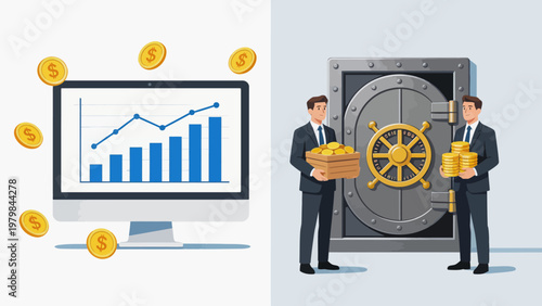 Businessmen with coins and financial chart