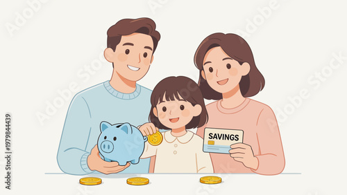 Family with piggy bank and savings card