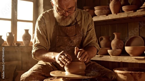 Potter shaping clay on a pottery wheel. (1)