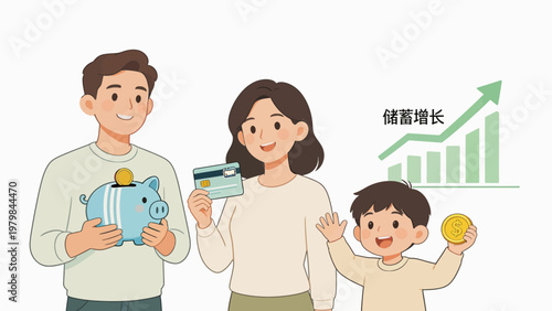 Family with piggy bank and money