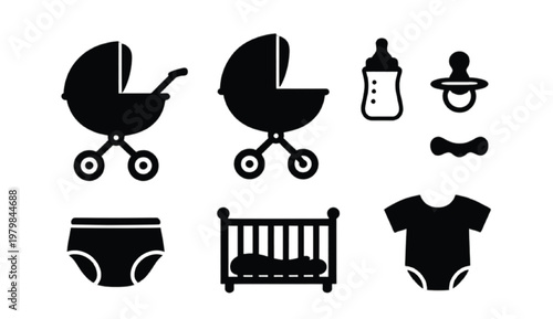 Baby Care and Parenting Essentials Silhouette Set Featuring stroller, bottle, pacifier, diaper, toy, crib, baby clothes