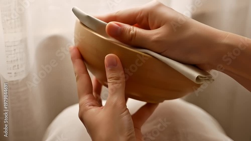 Close-Up of Hands Gently Wiping a Wooden Bowl With a Cloth