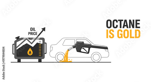 Fuel pump with rising oil price and car being filled in simple line art with bold text on white background for finance and economy