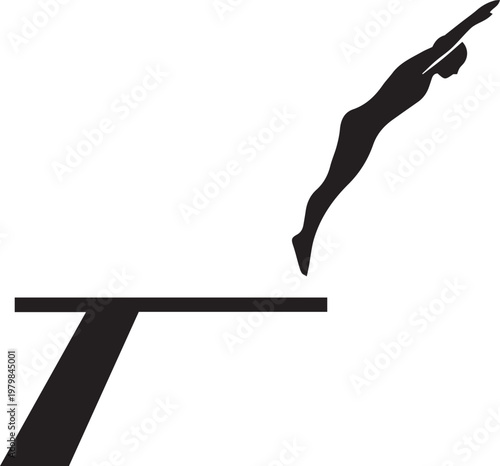 Silhouette of a diver in mid-air during a dive from a diving board against a white background