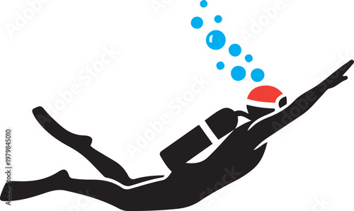 Scuba diver in Santa hat swimming with bubbles during Christmas underwater adventure