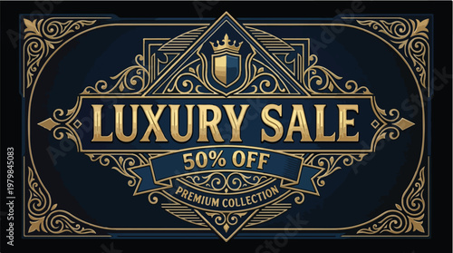 Luxury Sale Golden Vector Emblem with 50 Percent Off Banner for Premium Collection Promotions and Shopping Discounts