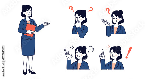 Businesswoman expressions and gestures illustrations set