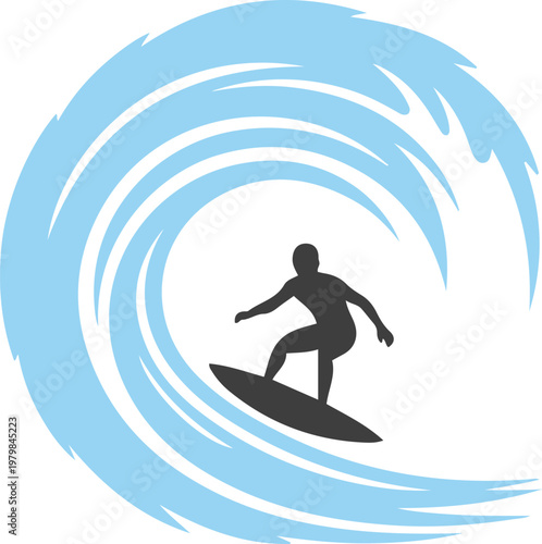 Surfer silhouette riding a breaking wave with water spray during a sunny day