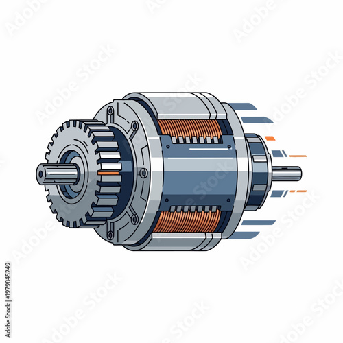 Electric Motor Illustration: Gears, Coils, and Rotating Motion