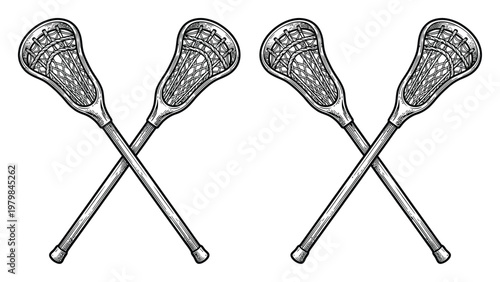 Two Crossed Lacrosse Sticks in Black and White