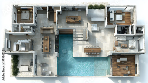 High end villa floor plan presentation, minimal shadows, clean white background