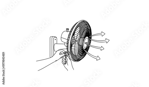 Black and white wall mounted fan adjustment vector illustration with airflow control concept