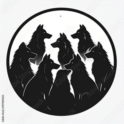 Silhouette of nine wolves howling in circular pack formation on dark green background