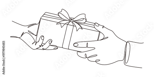 continuous single line drawing of hands holding gift box with ribbon line art vector illustration