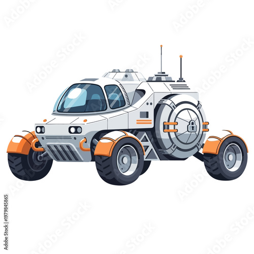 Futuristic Mars Rover Vehicle, Sci-Fi Exploration Machine, White and Orange