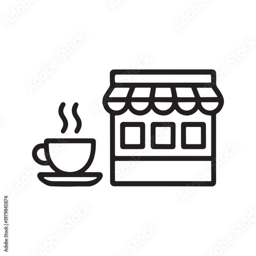 A minimalist coffee shop facade with a steaming cup perfect for design on transparent background silhouette