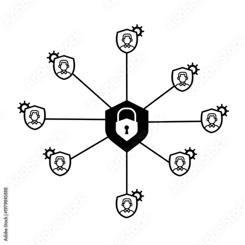 Network Cybersecurity Icon with Protected User Shields and Padlock