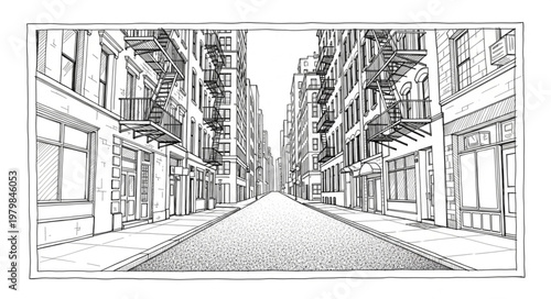 Sketch of a City Street with Buildings and Road.
