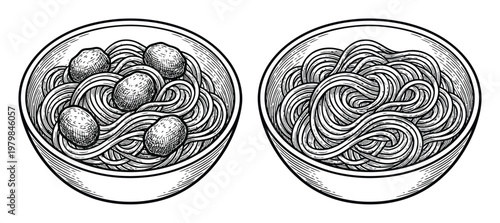 Vintage of Two Bowls of Spaghetti, One with Meatballs