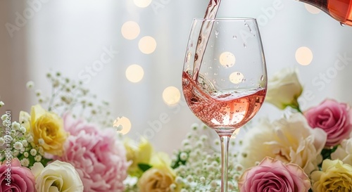 Wine being poured into a glass floral arrangement bokeh background